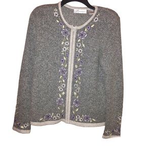 Dressbarn Silk Angora‎ Wool Silk Floral Embroidered Full Zip Sweater Grey Small